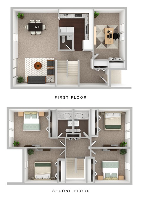 Four Bedroom Two Bathroom Townhome 3D Floor Plan. at Wilkins Glen, Massachusetts